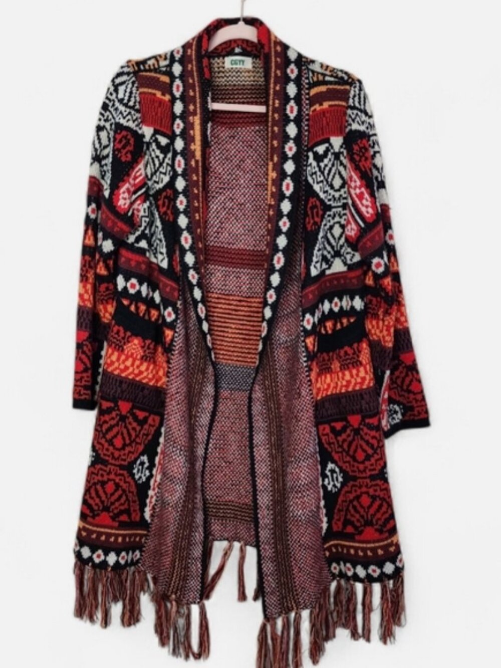 CGYY Boho Tribal Knit Cardigan - Red Orange Aztec Print Longline Sweater - Fring